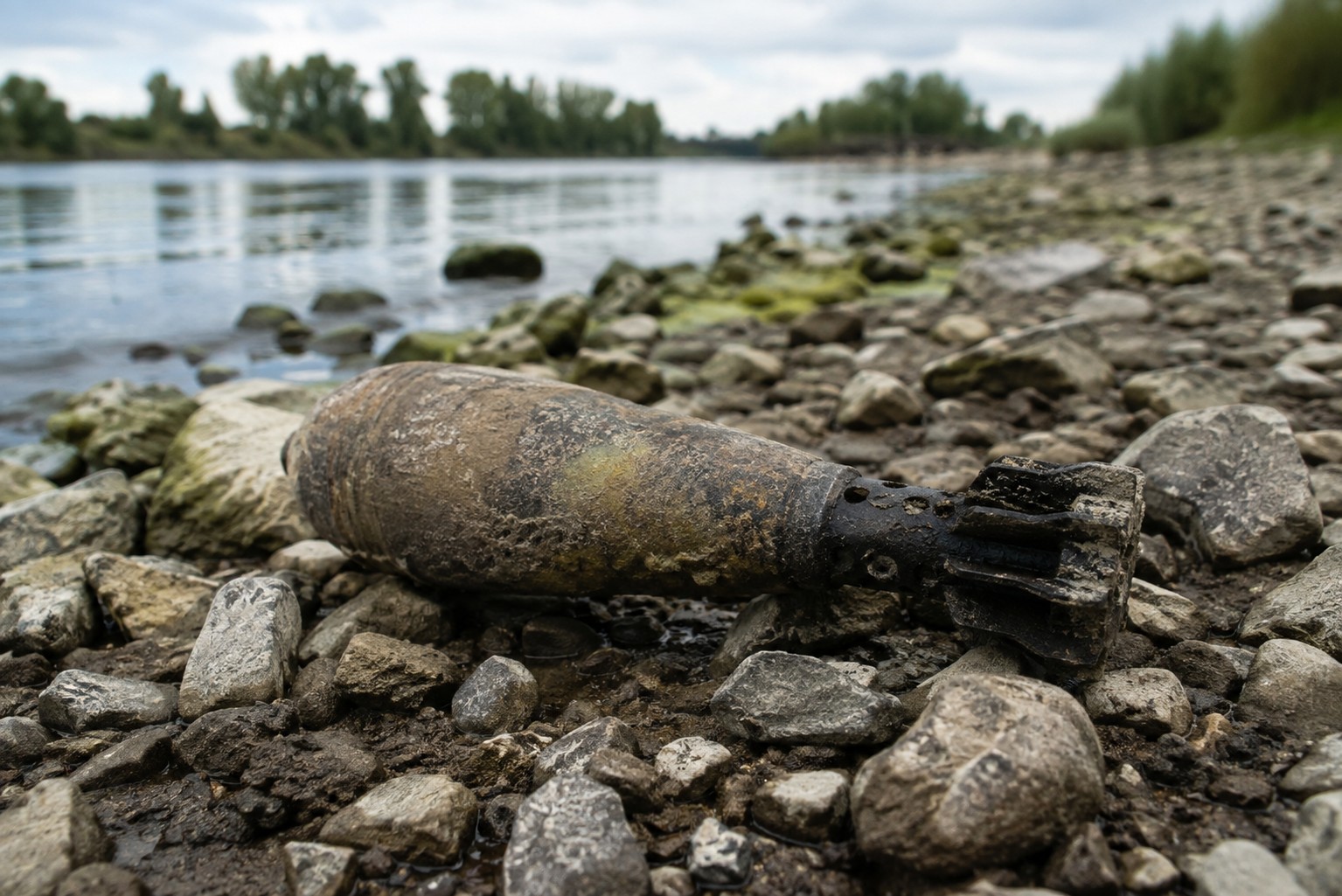 Trebur-Geinsheim: Niedrigwasser im Rhein legt Phosphorgranate aus dem Zweiten Weltkrieg frei