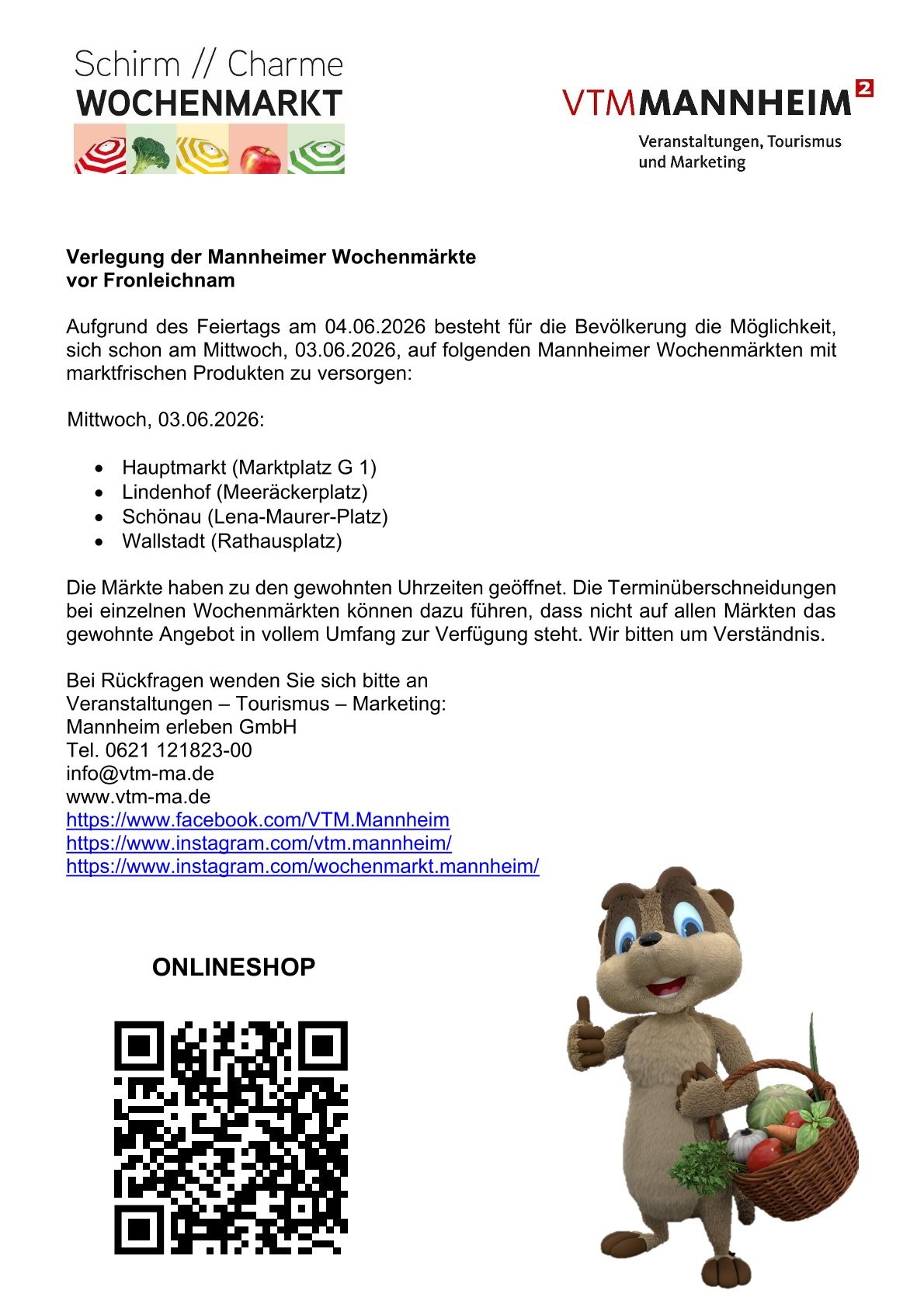Mannheim: Verlegung der Mannheimer Wochenmärkte vor Fronleichnam 