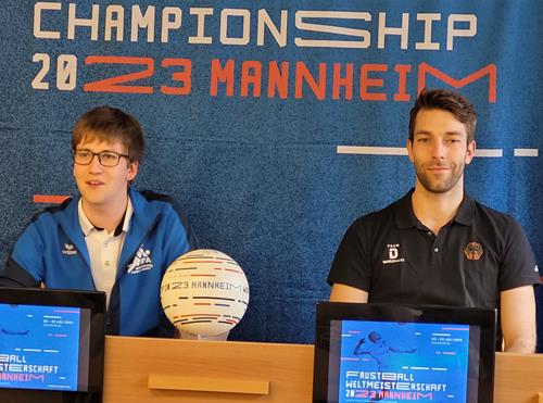 (Foto: SpoWo) Sönke Spille, Geschäftsführer WM, links, und Nick Trinemeier Faustball WM