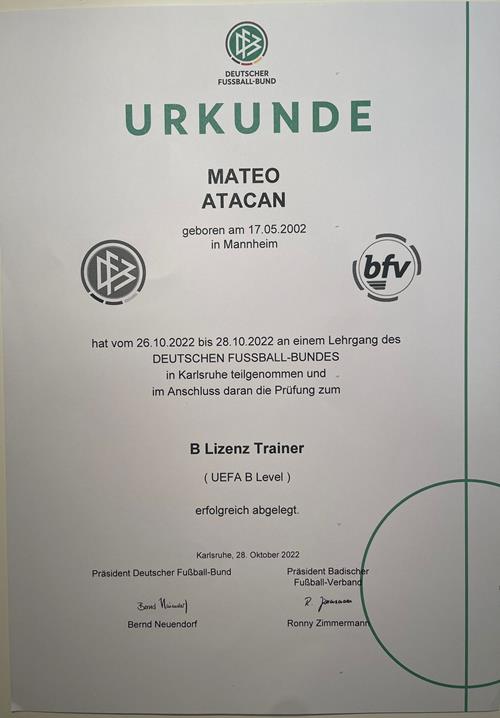 (Foto: pr.) Die begehrte Urkunde Mateo Urkunde